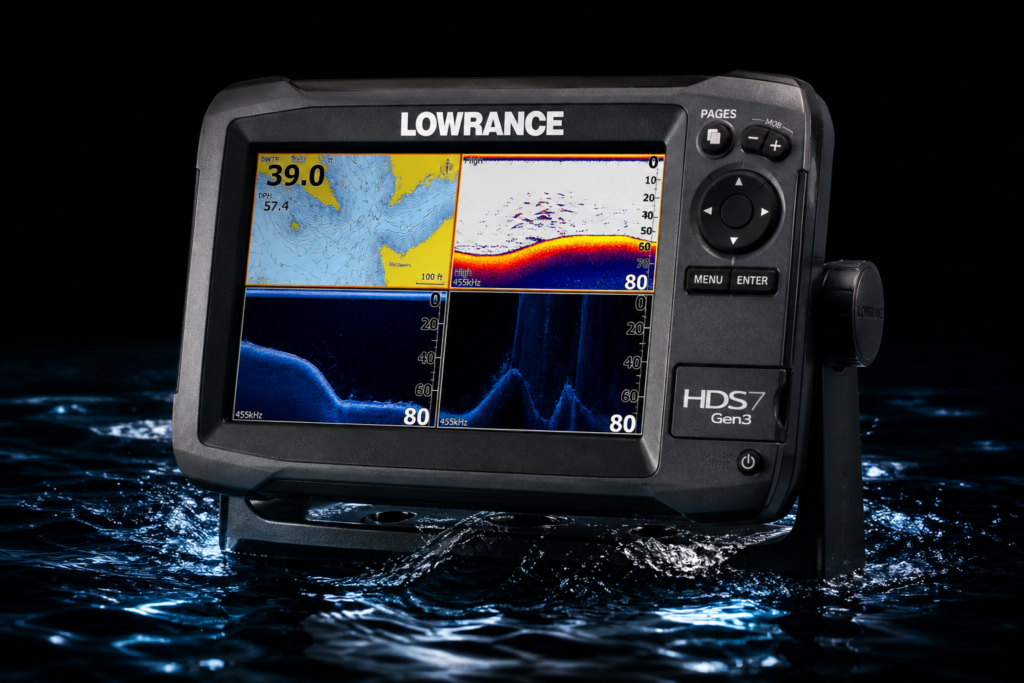Sondeur GPS Lowrance HDS7 Gen3 2015 avec affichage sonar sur fond noir et effet eau