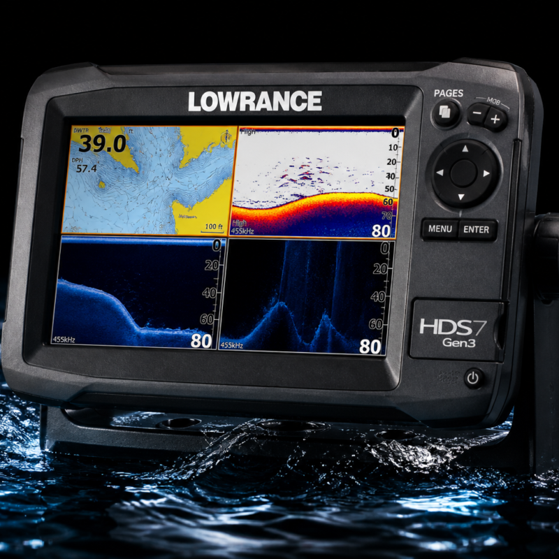 Sondeur GPS Lowrance HDS7 Gen3 2015 avec affichage sonar sur fond noir et effet eau