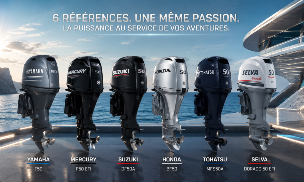 Comparatif moteurs hors-bord 50 cv Yamaha Mercury Suzuki Honda Tohatsu Selva en mer