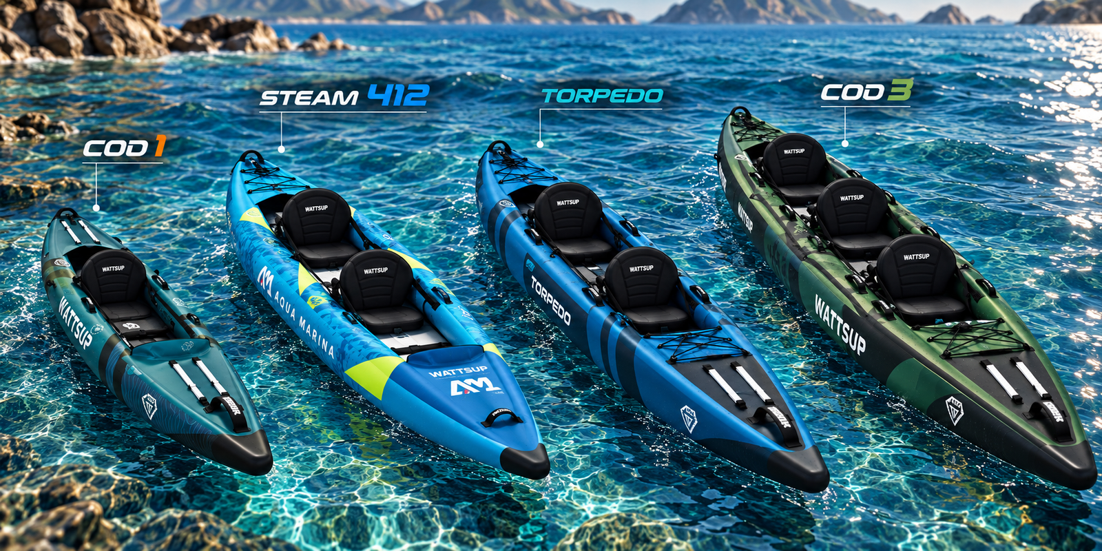 Comparatif de 4 kayaks gonflables dropstitch sur l'eau : WattsUp COD 1, Aqua Marina Steam 412, WattsUp Torpedo 2 places et WattsUp COD 3
