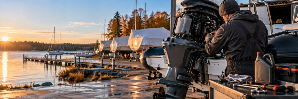 Entretien et hivernage d’un moteur hors-bord dans un chantier naval en automne