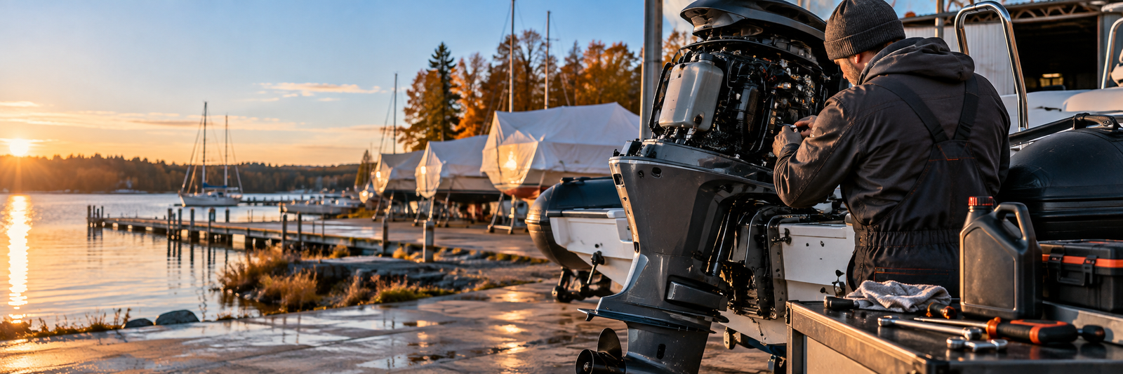 Entretien et hivernage d’un moteur hors-bord dans un chantier naval en automne