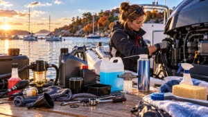 Plaisancière préparant l’entretien et l’hivernage d’un moteur hors-bord 4 temps