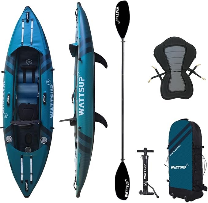 Kayak gonflable WattsUp COD 1 place avec pagaie, siège, pompe et sac de transport à roulettes