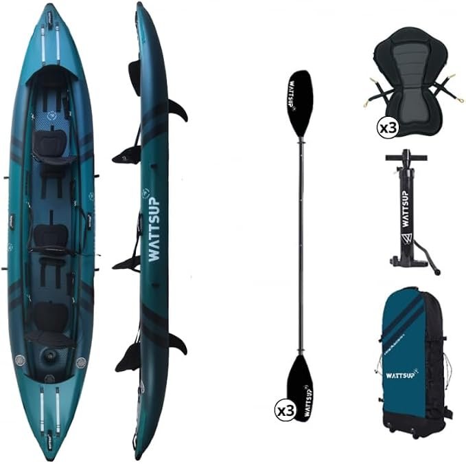 Kayak gonflable WattsUp COD 3 places avec 3 pagaies, 3 sièges, gonfleur et sac de transport